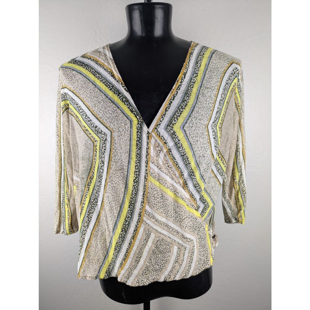 NIC + ZOE lightweight linen blend wrap sweater beige yellow zig zag pattern